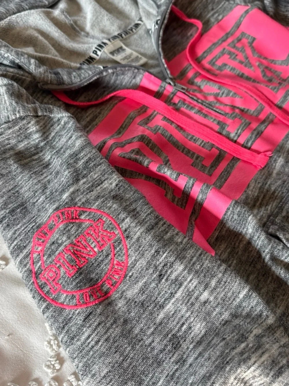 PINK Victoria's Secret Gray & Hot Pink Hooded Sweatshirt - Picture 5 of 6